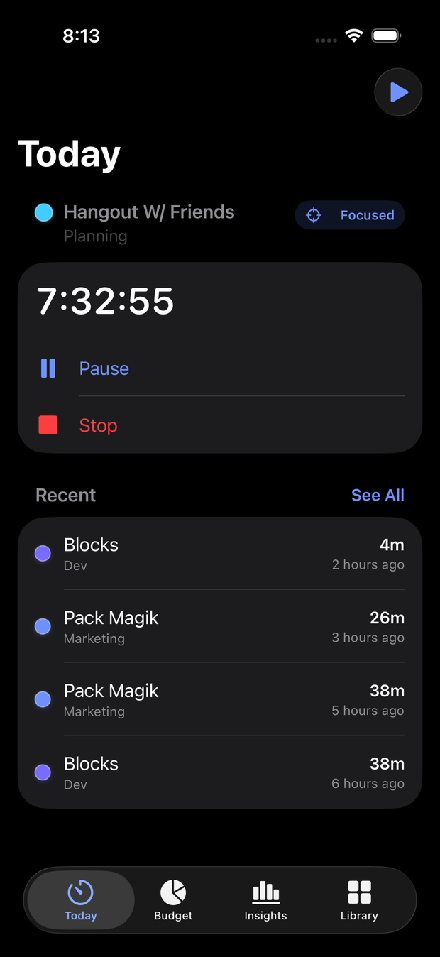 The Today tab in Blocks: a focused block for Hangout W/ Friends running at 7:32:55, with Pause and Stop, and a list of recent blocks below.