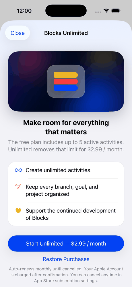 The Blocks Unlimited screen: “Make room for everything that matters”, the three Unlimited benefits, and a Start Unlimited button at $2.99 per month.